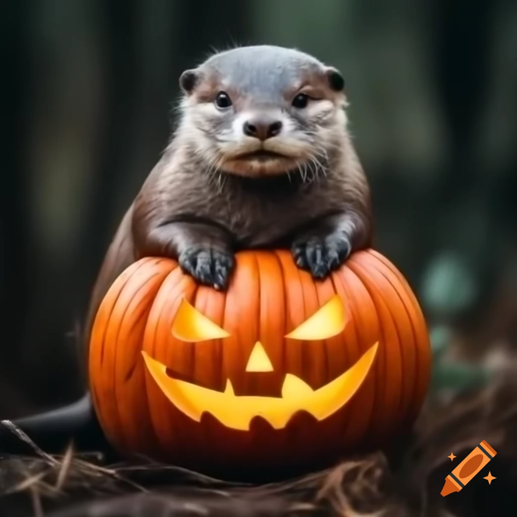 Otter sitting on pumpkin
