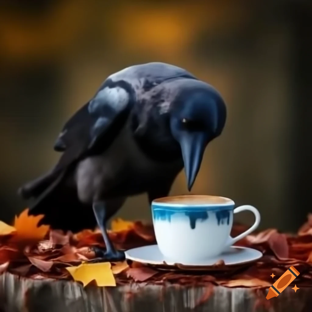 Mischievous crow perched on coffee cup surrounded by autumn hues
