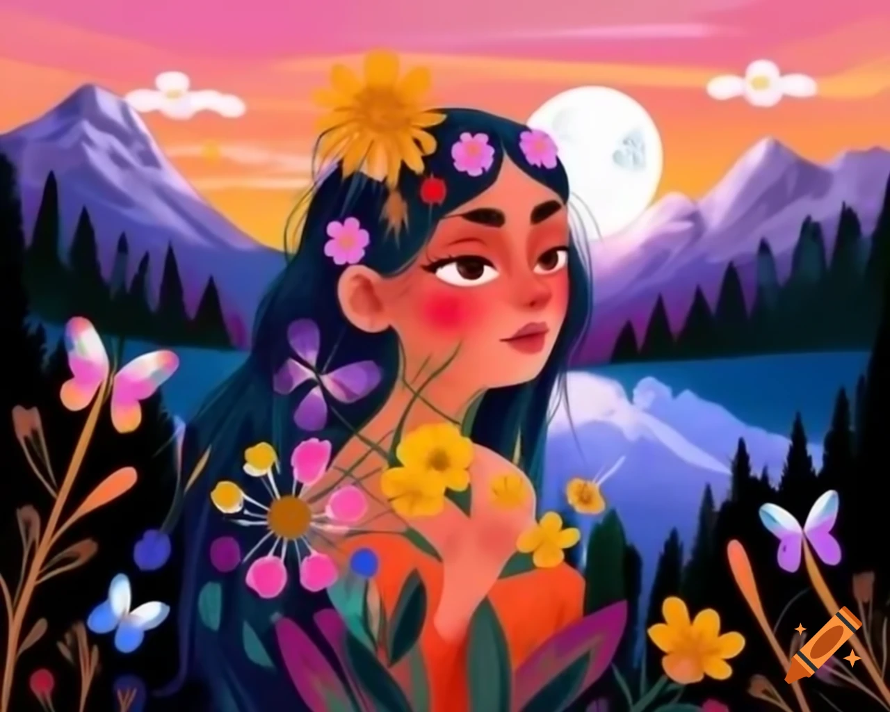 Enchanting colorful-haired woman with wildflowers and butterflies at sunset