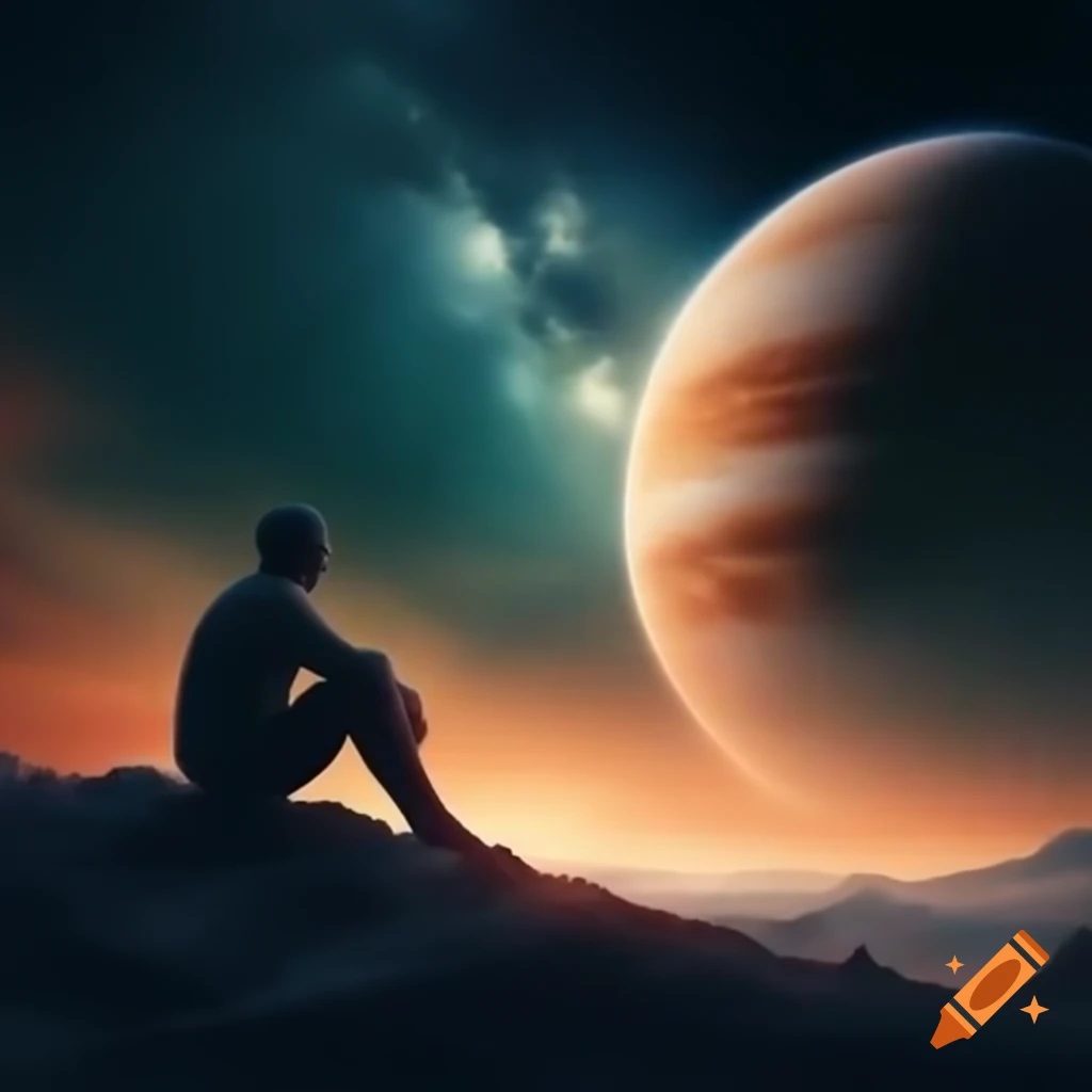Silhouette of a man sitting on green mountain at dusk, looking at sky