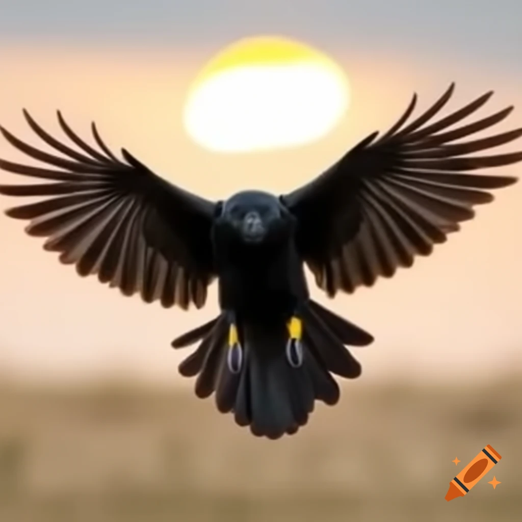 Black crow landing with wings open under bright sun