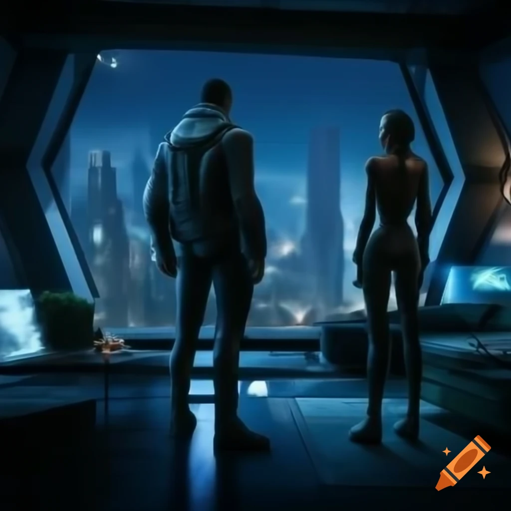 Futuristic couple in cyberpunk apartment overlooking neon metropolis at night