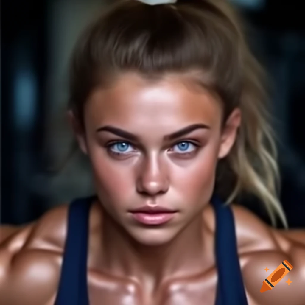 Young woman with blue eyes showcasing muscular build