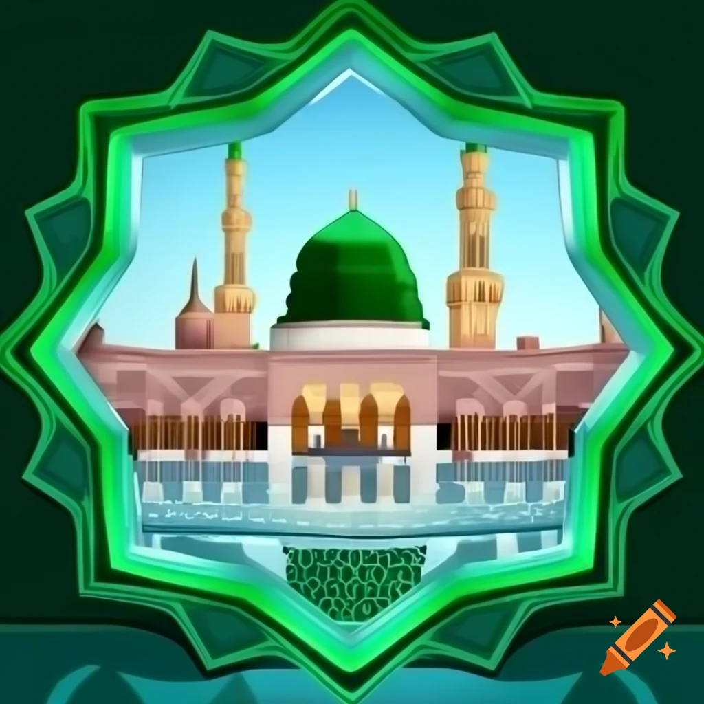 Vector illustration of Madinah Sharif crystal glass design featuring green dome of Holy Mosque