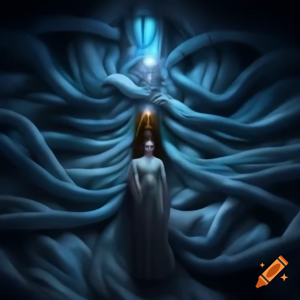 Mystical tapestry with azure shrouds and legendary whispers