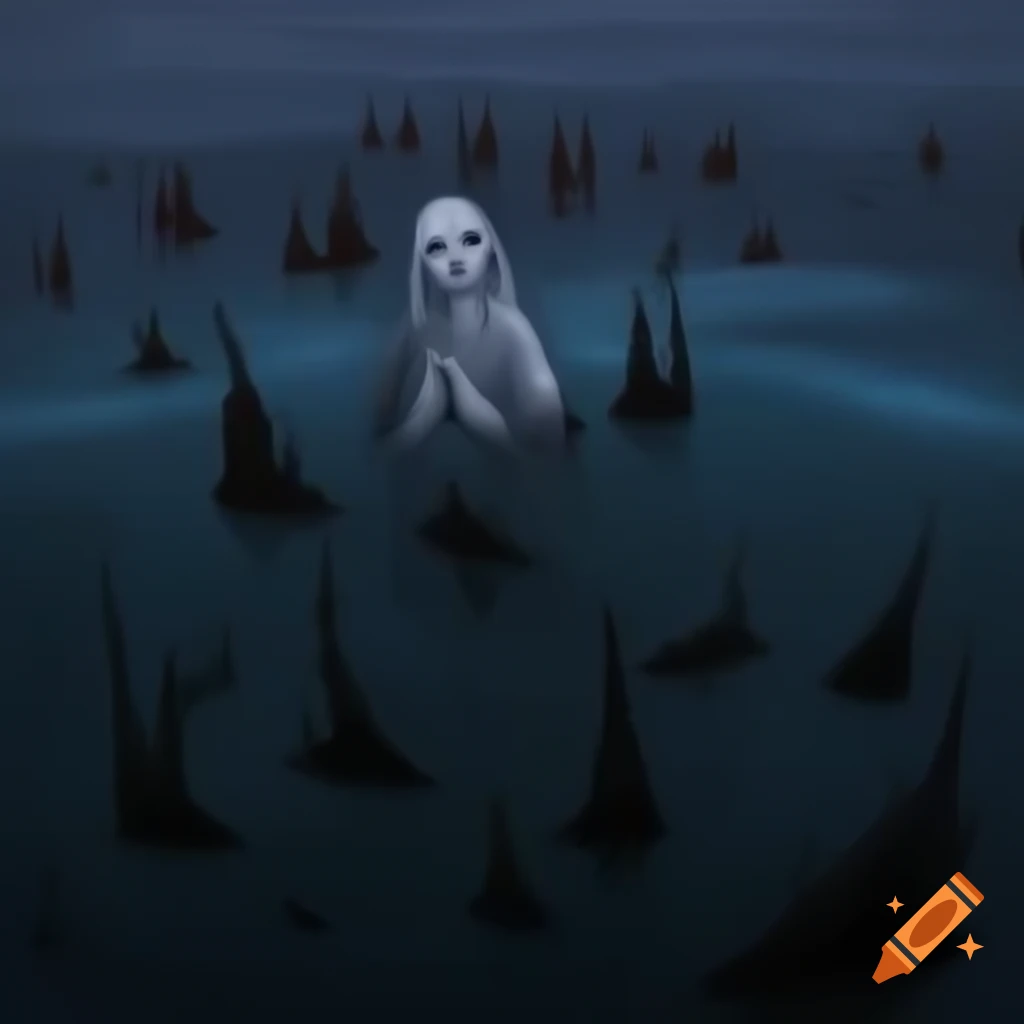 Gothic world with mythological creatures by ancient sea in twilight