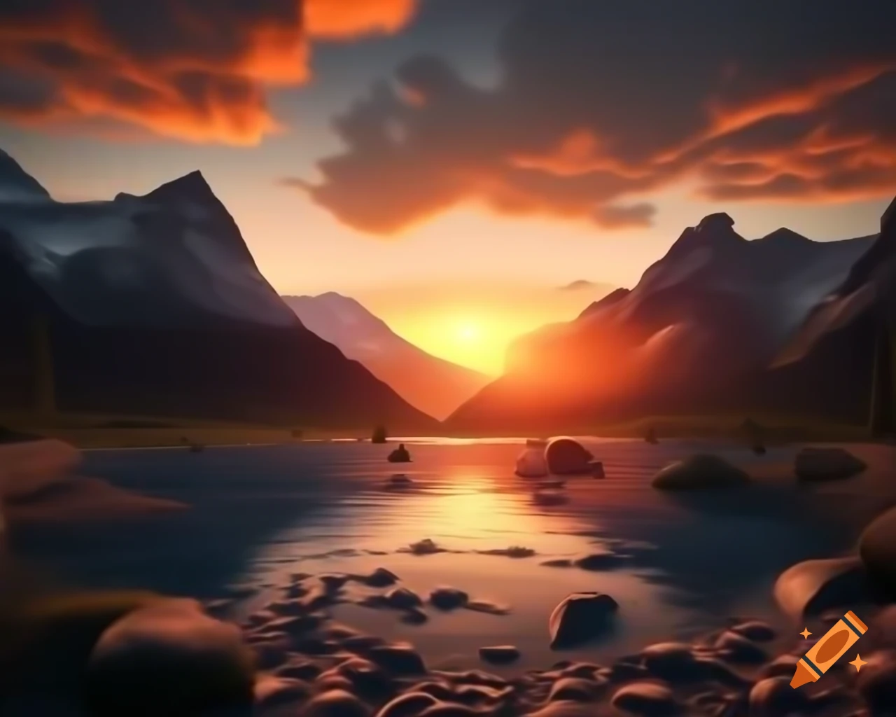 Photorealistic 3D render of mountain lake at sunset with rays of sunlight