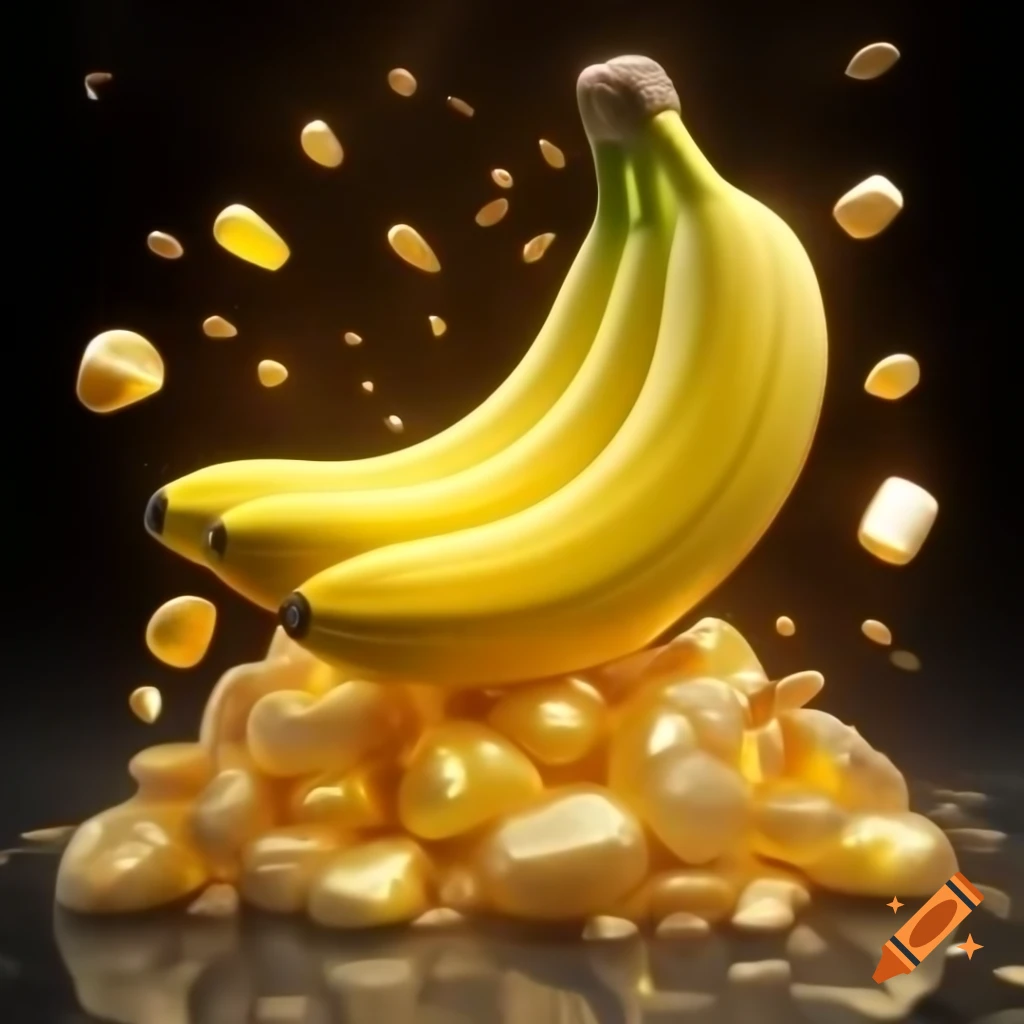 Vibrant banana bathed in golden hues with shiny gemstones