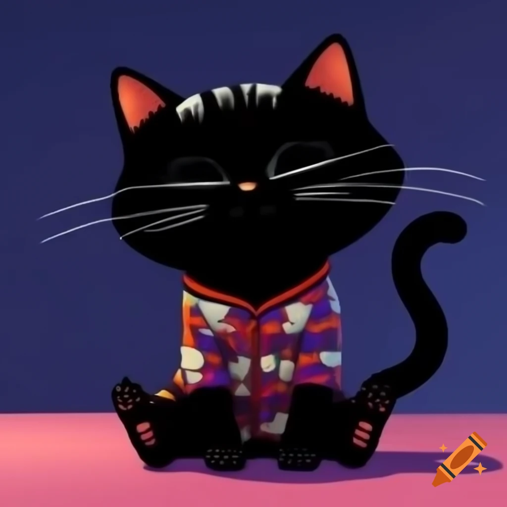 Cartoon art of black cat sitting in pajamas
