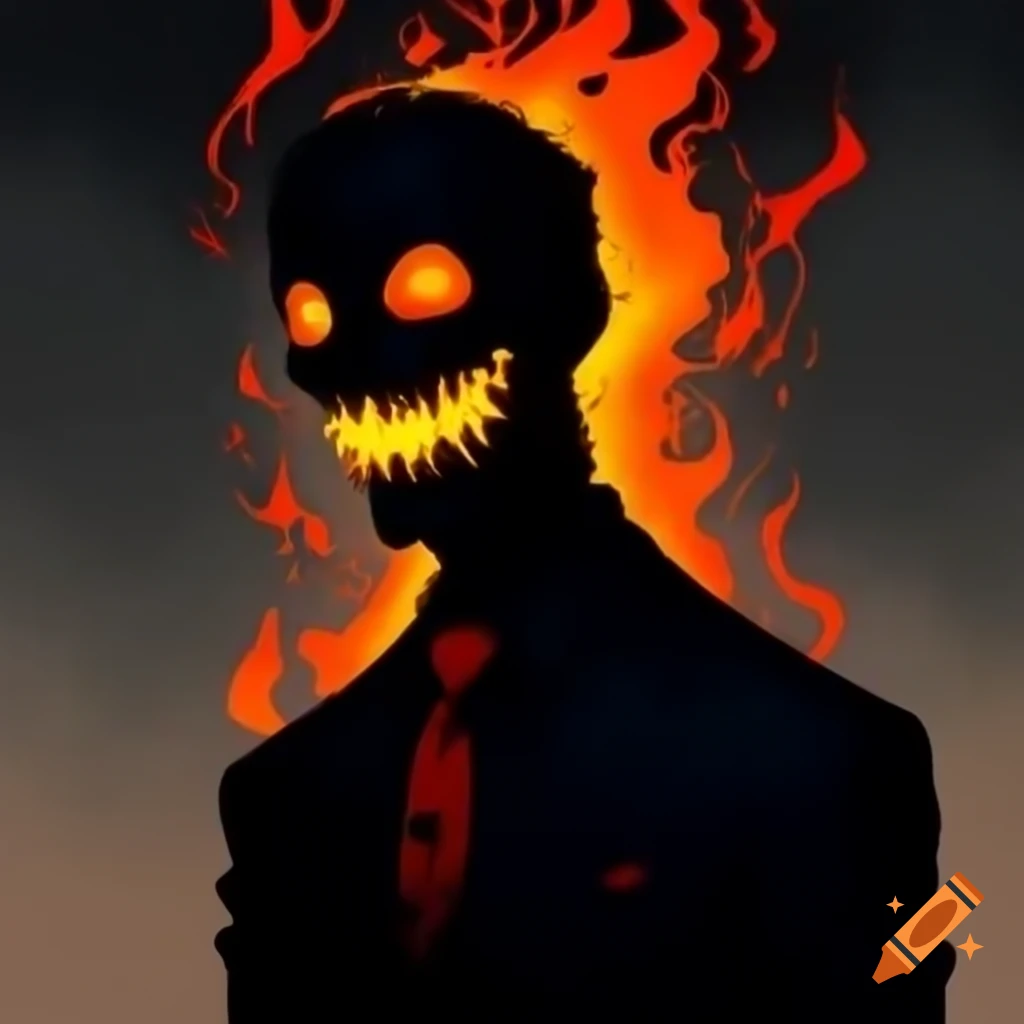 Silhouette of man in suit surrounded by fire while drawing