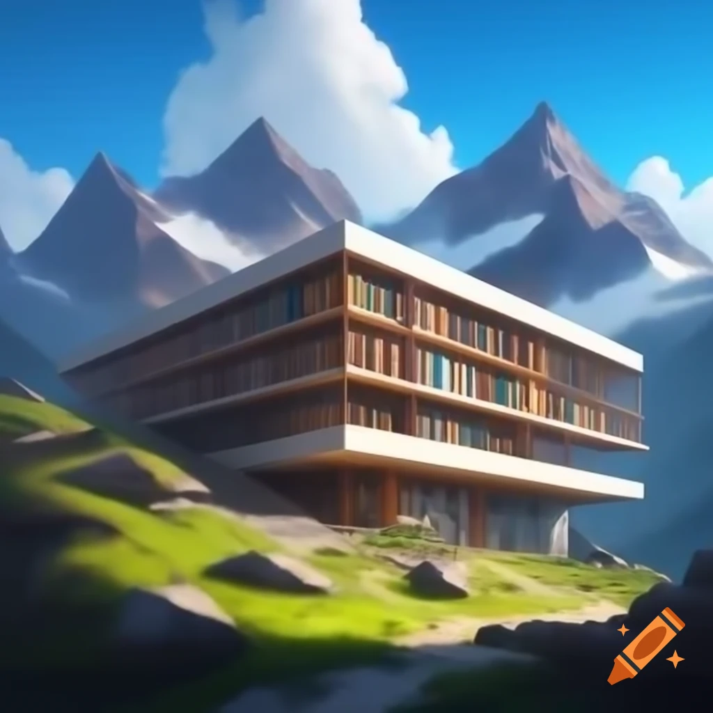 Realistic modern art of a claustrophobic library in mountains