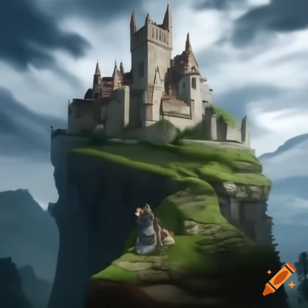 Castle on a cliff with a medieval beggar girl