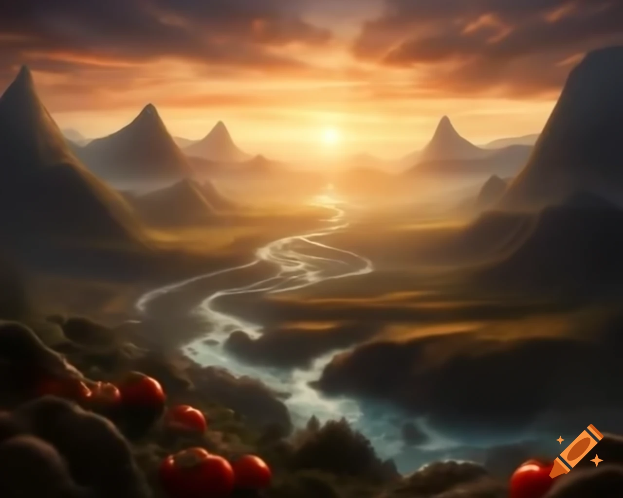 Legend of valley surrounded by ripe tomatoes guarded by mountains