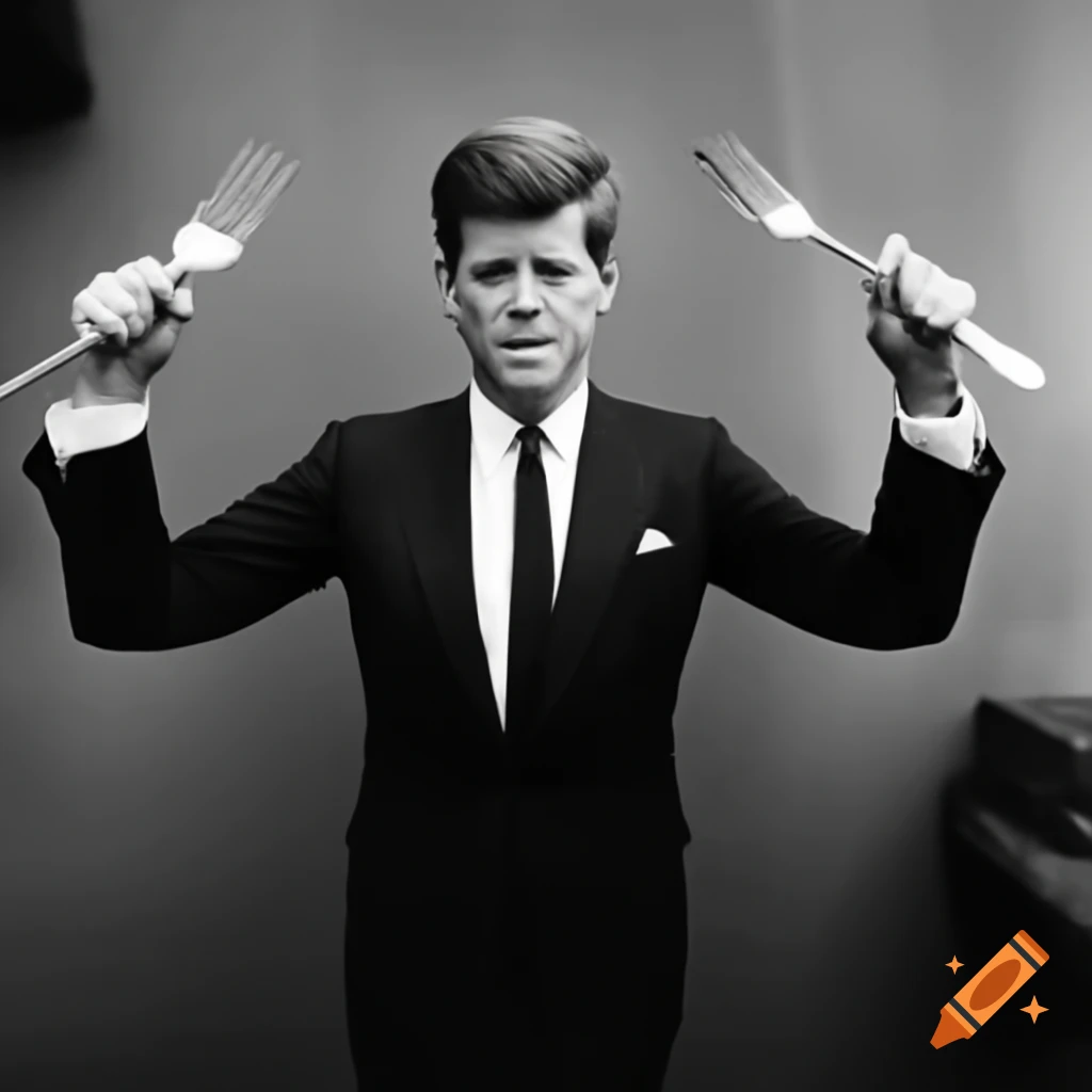John F Kennedy with arms outstretched holding forks