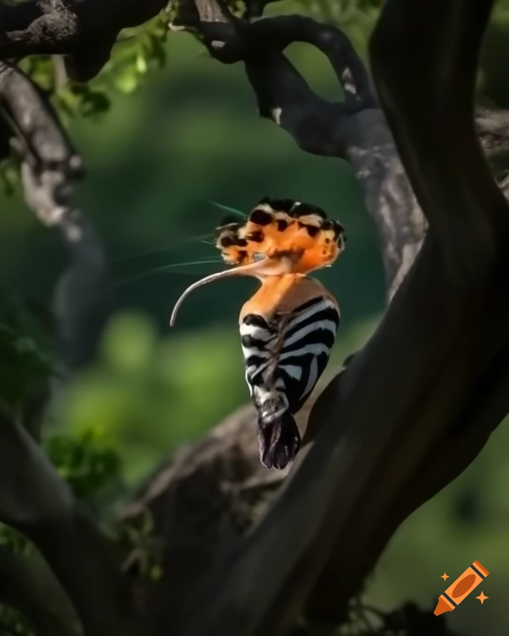 Hoopoe landing on old oak tree branches in dappled light