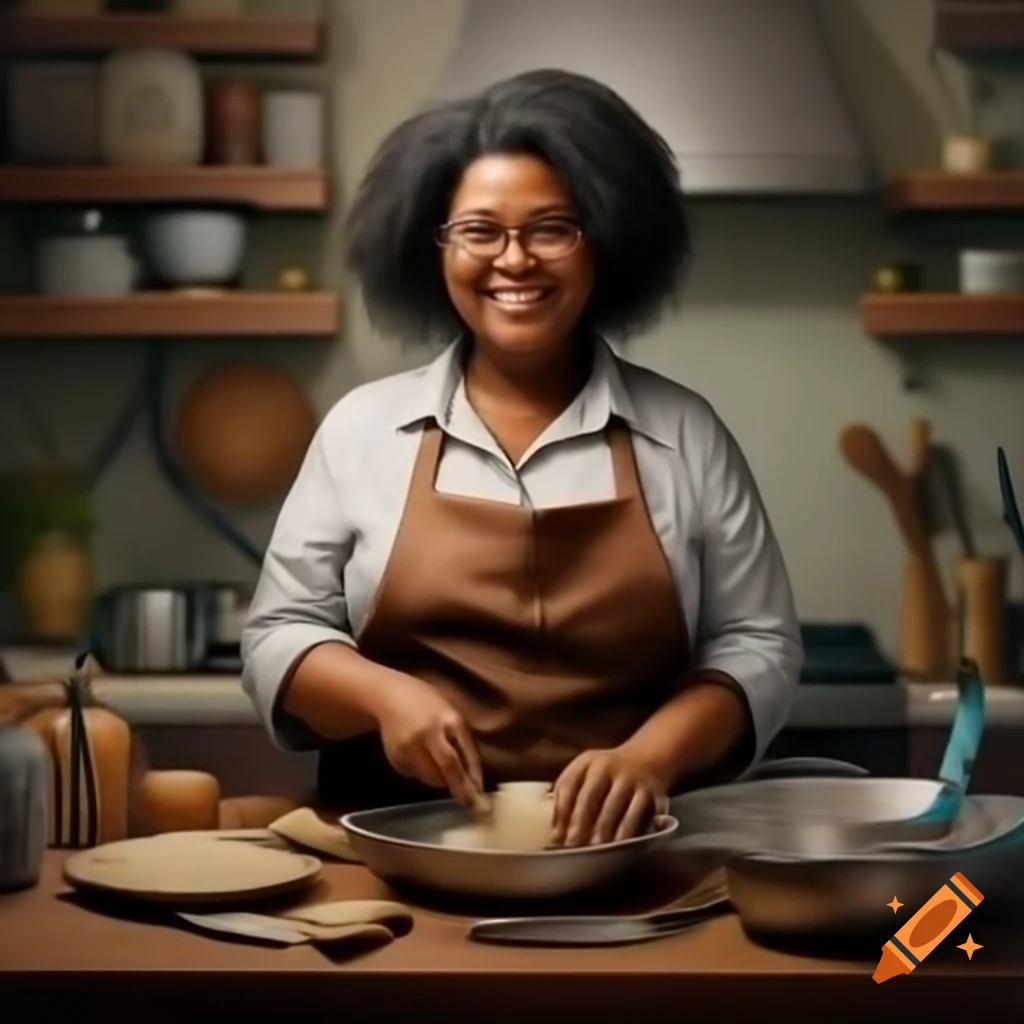 Realistic avatar of American female in kitchen attire with diverse ethnic features