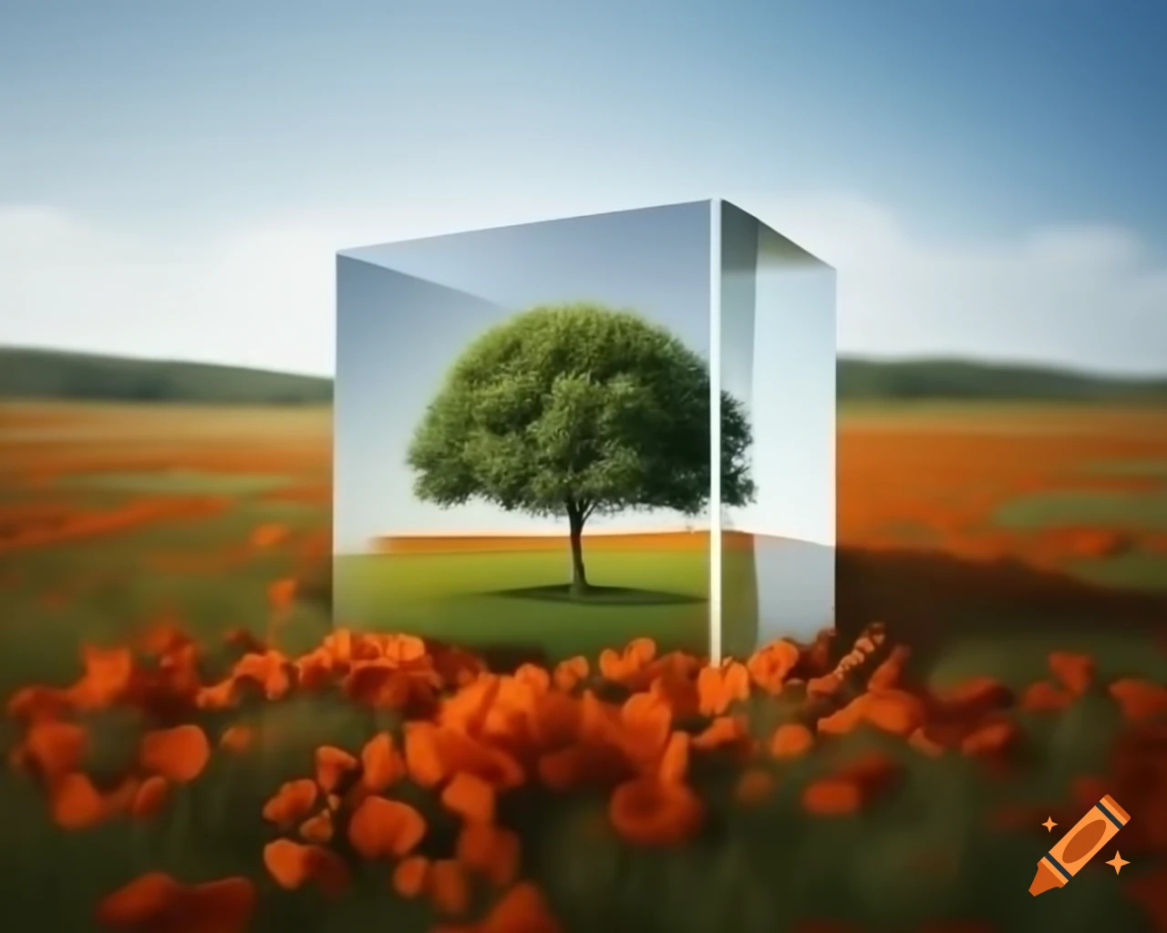 Tree in a meadow with poppies inside glass cube