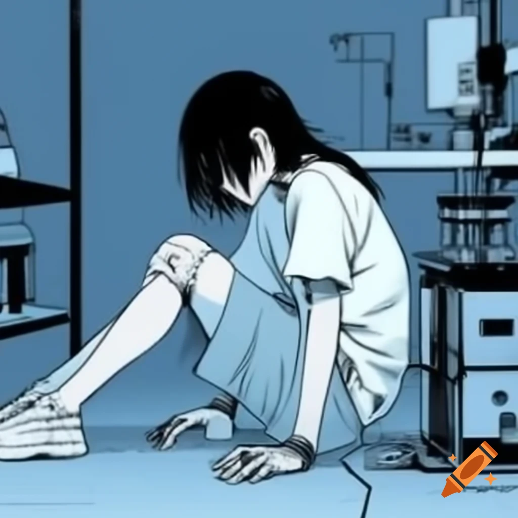 Sad young adult cyborg with long black hair sitting on laboratory floor