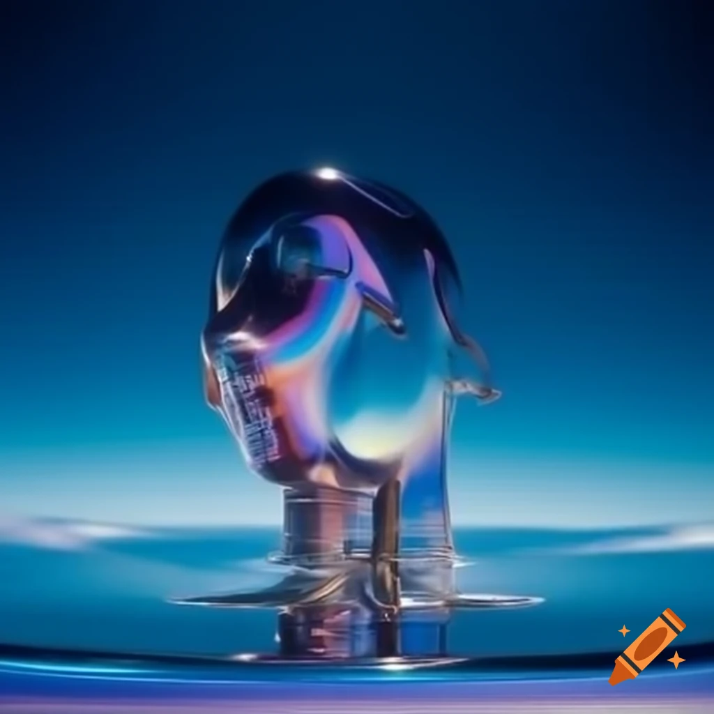 Pop surrealist photography featuring iridescent glass statue