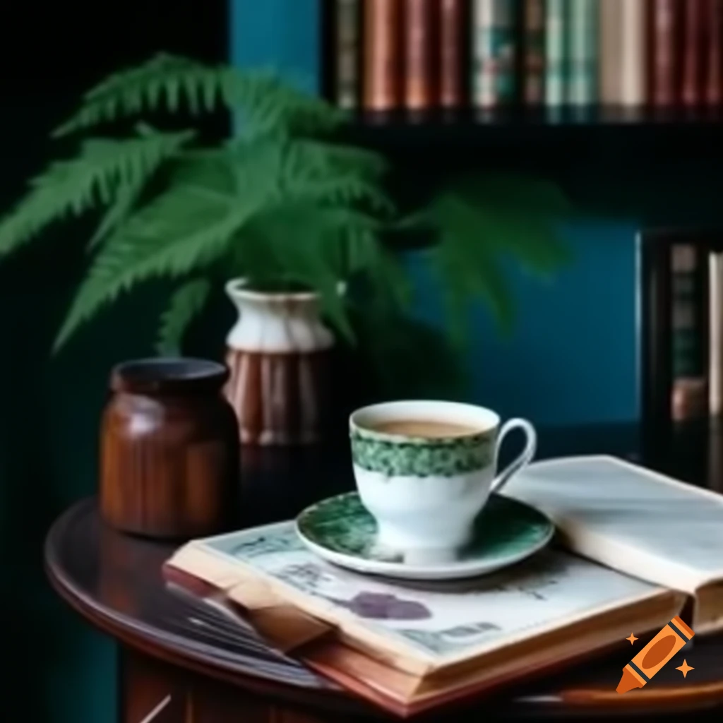 Vintage coffee cup and cake on table with bookshelves in antique interior