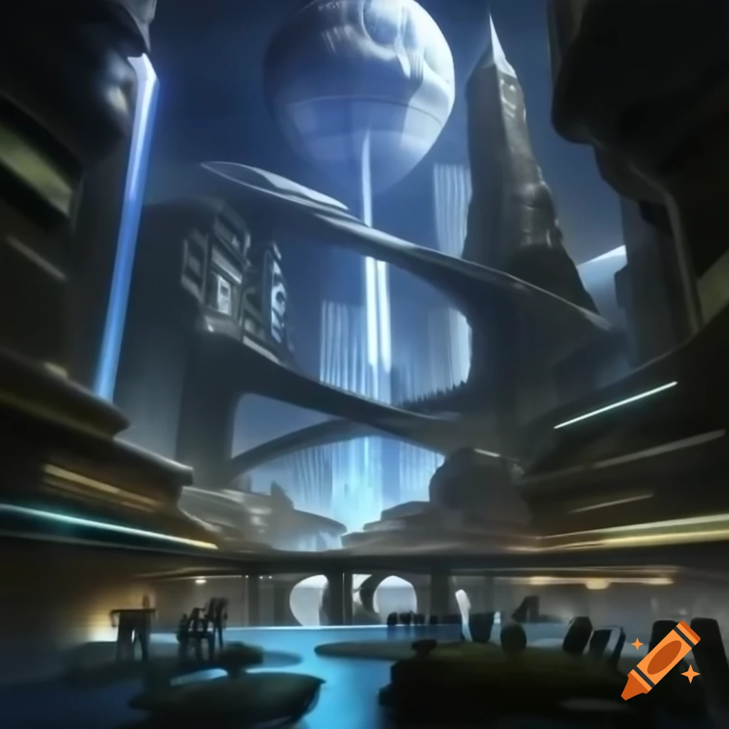 Futuristic alien cityscape with towering spires and floating platforms
