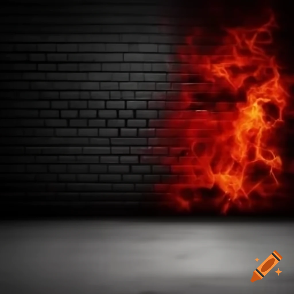 Dark brick wall with blood red flames and concrete floor