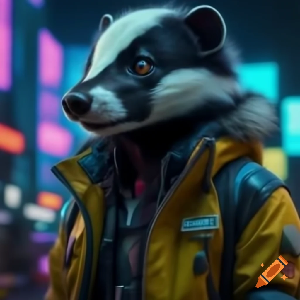 Close-up of skunk in futuristic jacket with LED lights in neon city