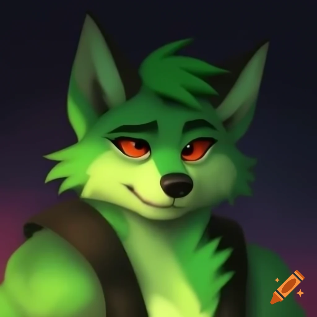 Anthropomorphic green wolf with wide eyes, curious and shy demeanor