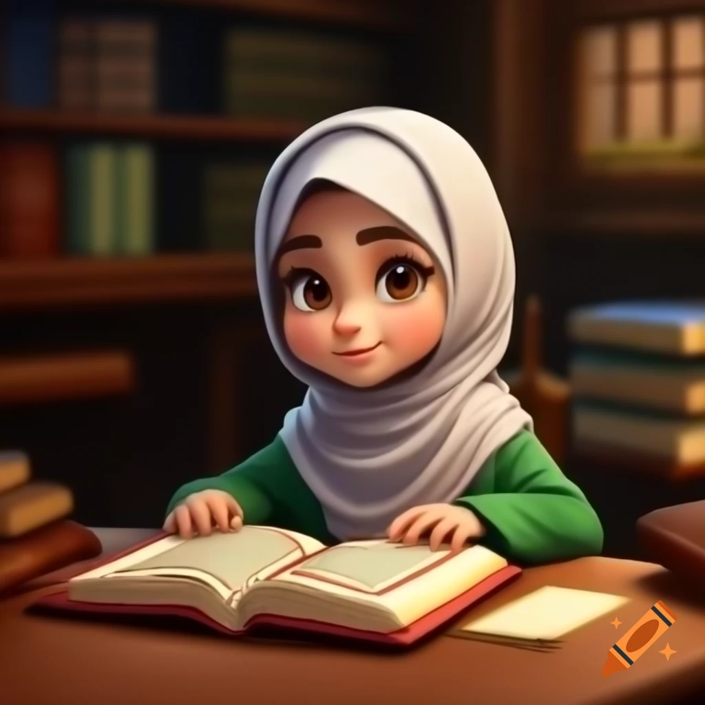 Anime style illustration of a young female Ranger studying Quran, wearing hijab