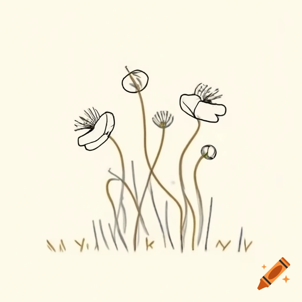 Modern art featuring poppy outlines in a field with long golden wire stems