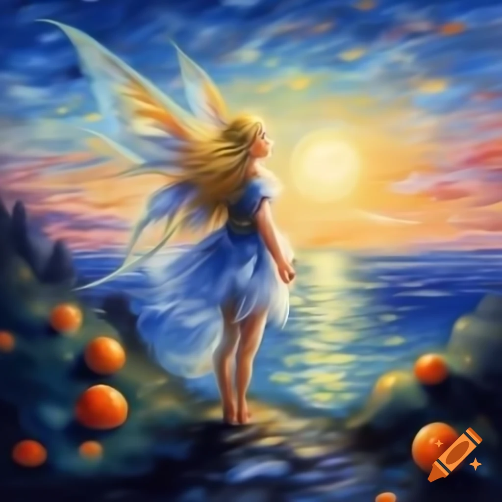 Fairy on cliff at twilight overlooking ocean, golden hair flowing