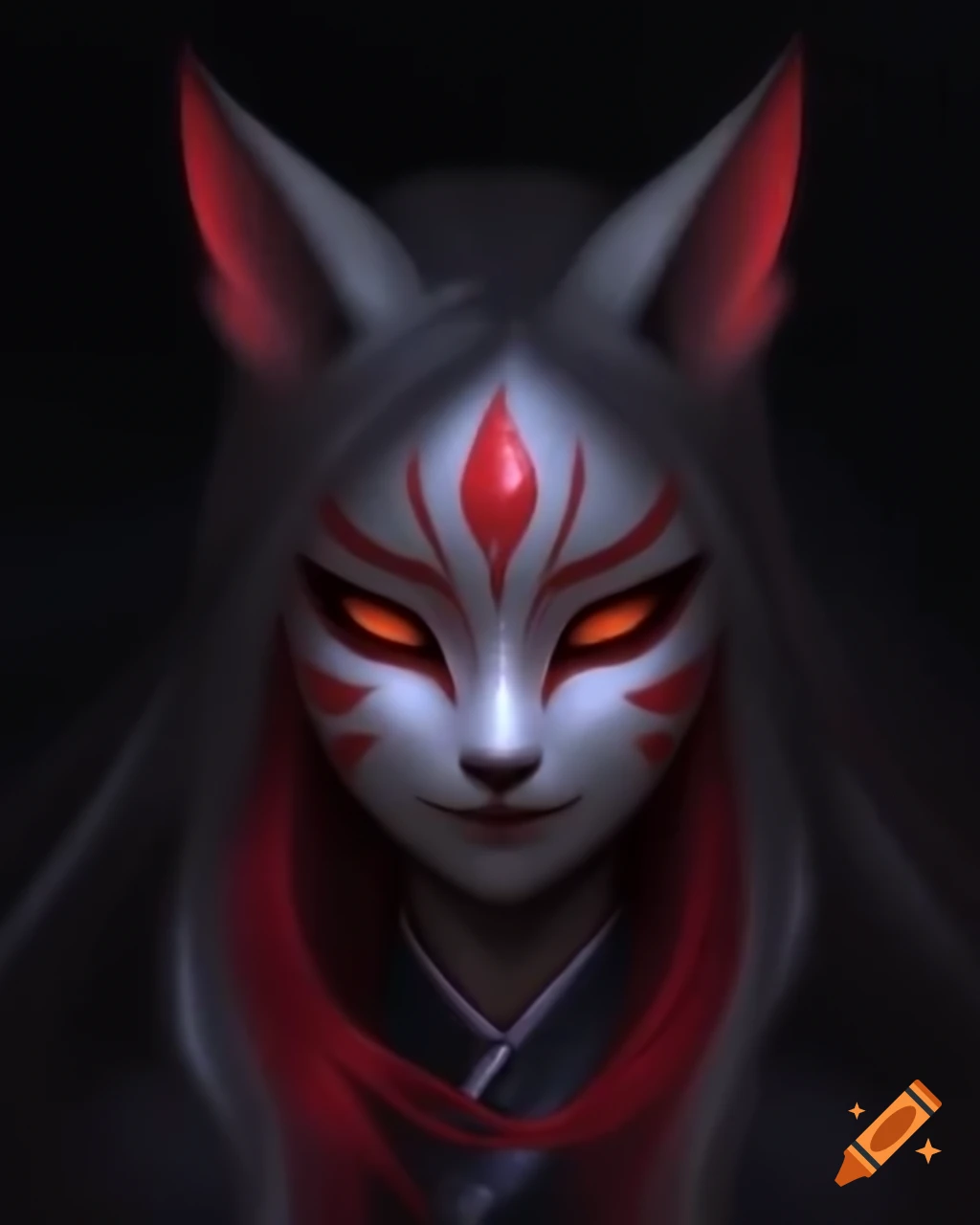 Asian girl wearing kitsune mask in dark themed setting