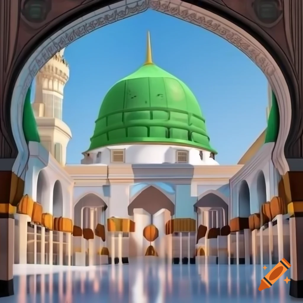Vibrant vector illustration of Madinah Sharif mosque with green dome and crystal glass