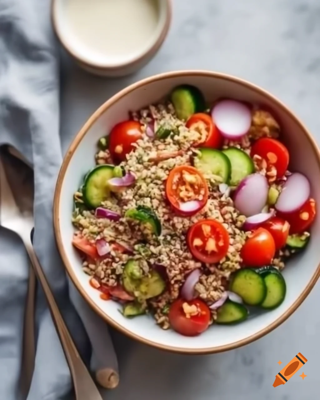 Colorful quinoa salad with tomatoes, cucumbers, and onions in a bowl