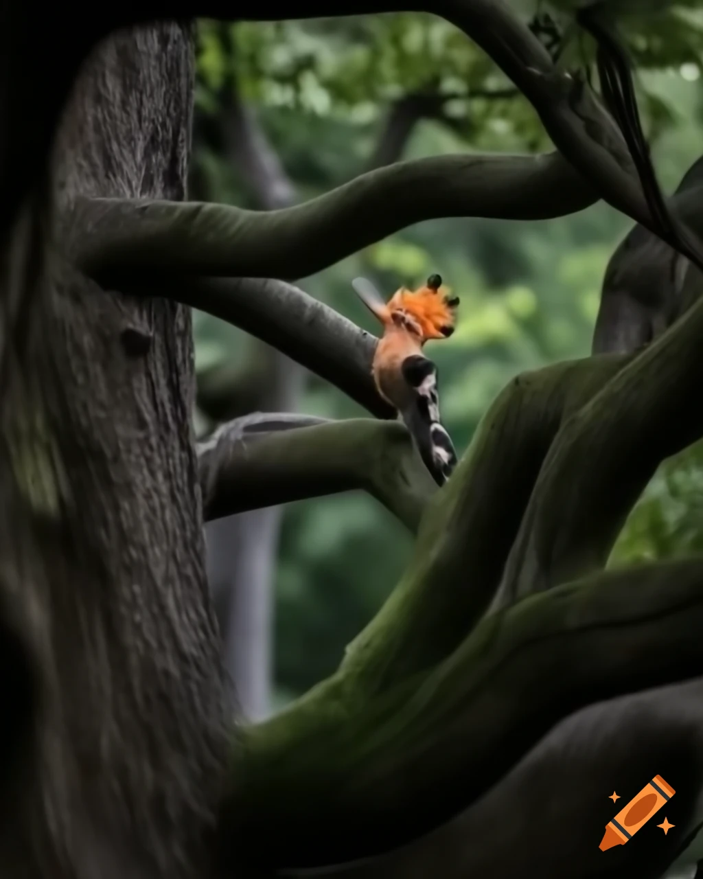 Hoopoe landing on old oak tree branches in dappled light