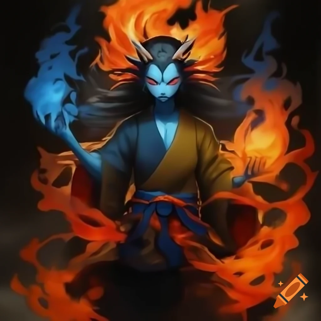 Anime human demon hybrid with flames in historical style using blue, orange, and earth colors
