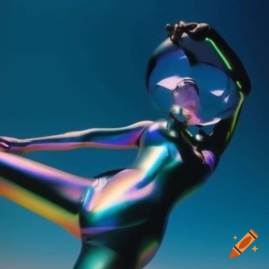 Pop surreal photography featuring iridescent glass statue