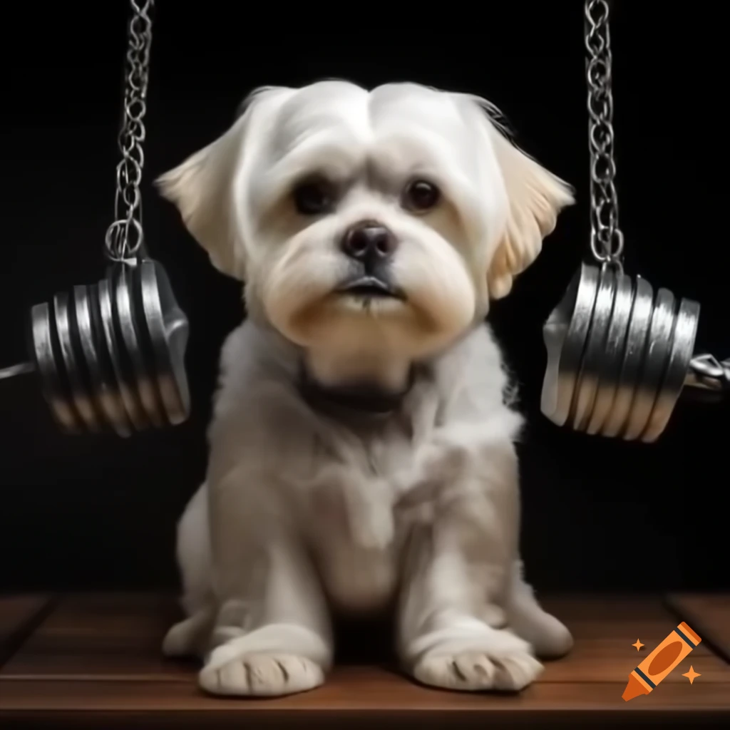 Maltese dog lifting weights, showcasing strength and realism