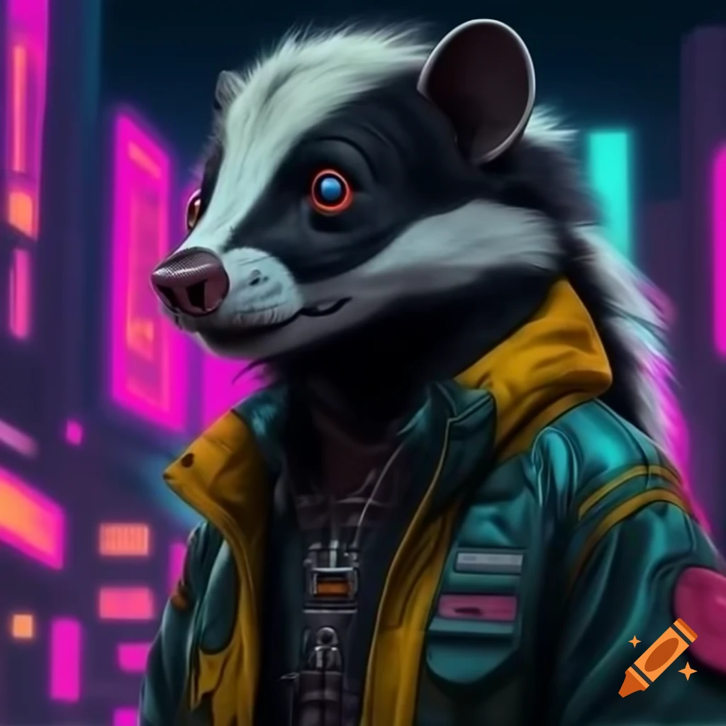 Realistic skunk in futuristic jacket with LEDs in neon dystopian city