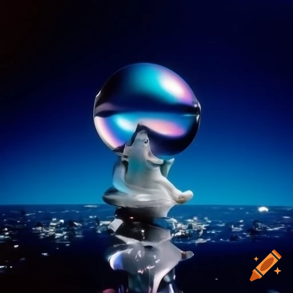 Pop surreal photography featuring iridescent glass statue