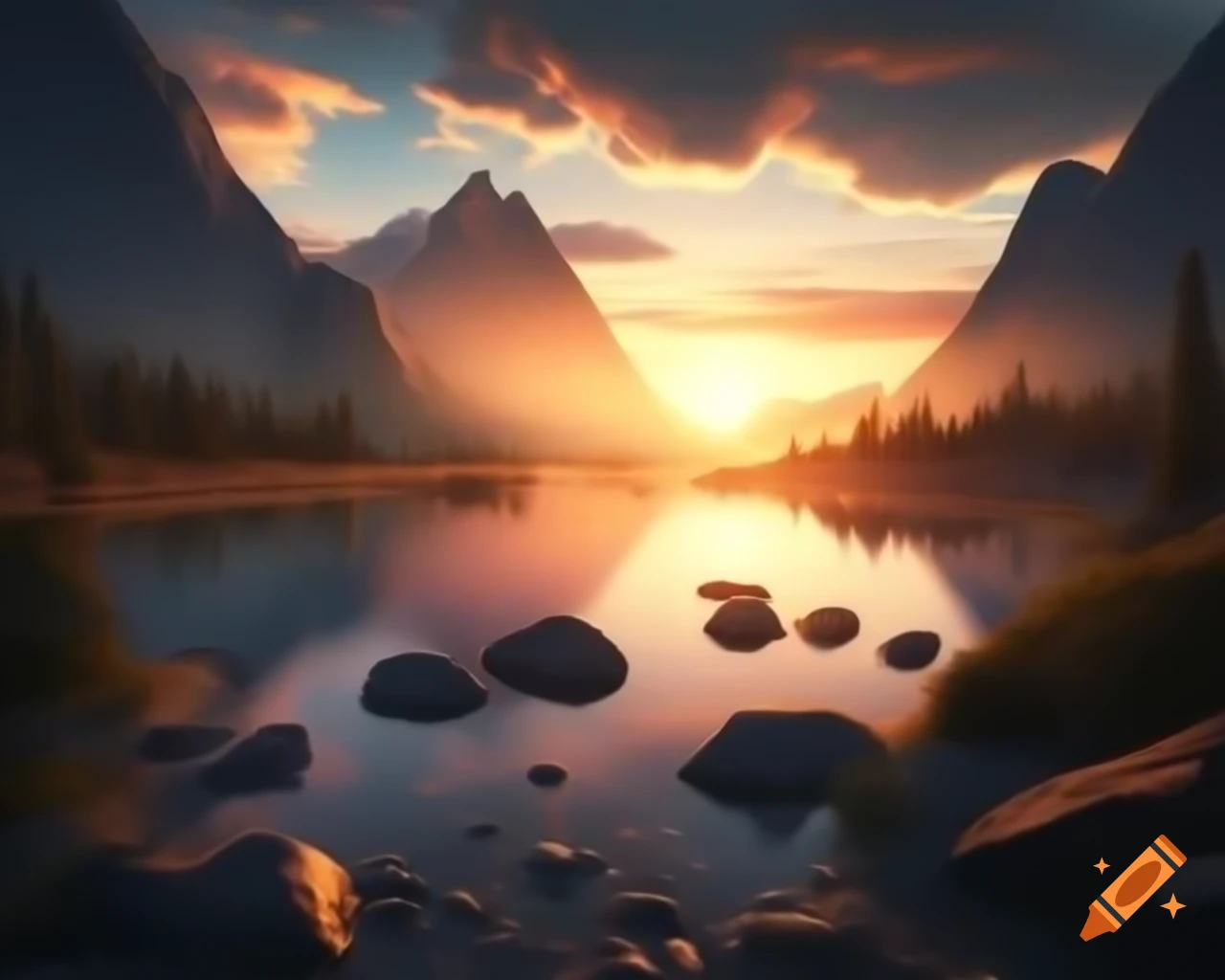 Photorealistic 3D render of mountain lake at sunset with rays of sunlight