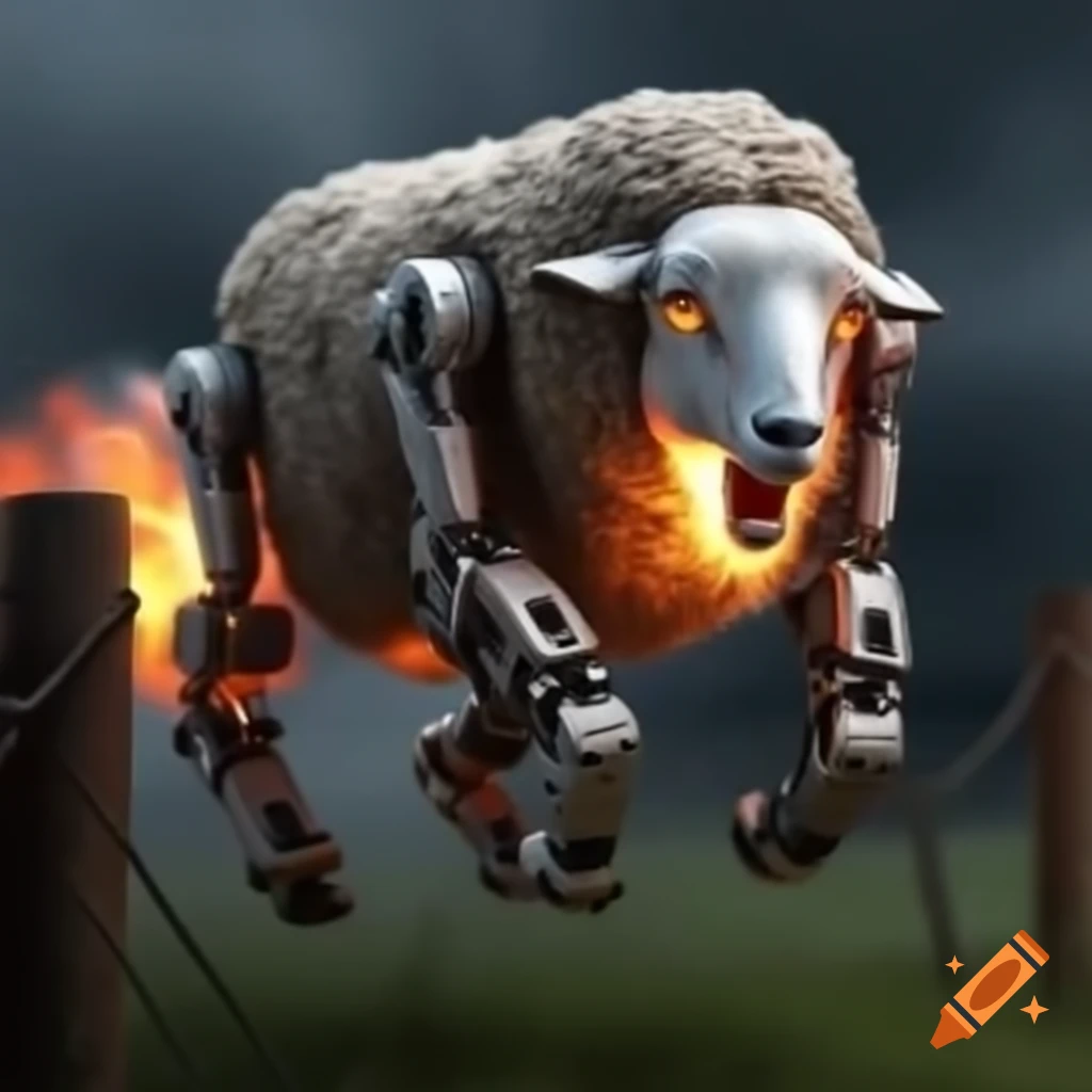 Robotic sheep with flamethrower jumping over a fence