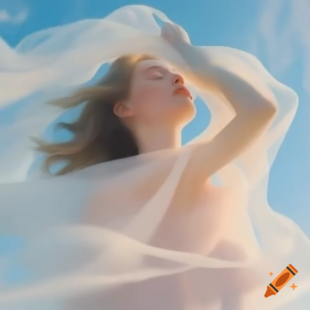 Whimsical person floating with flowing hair and translucent outfit