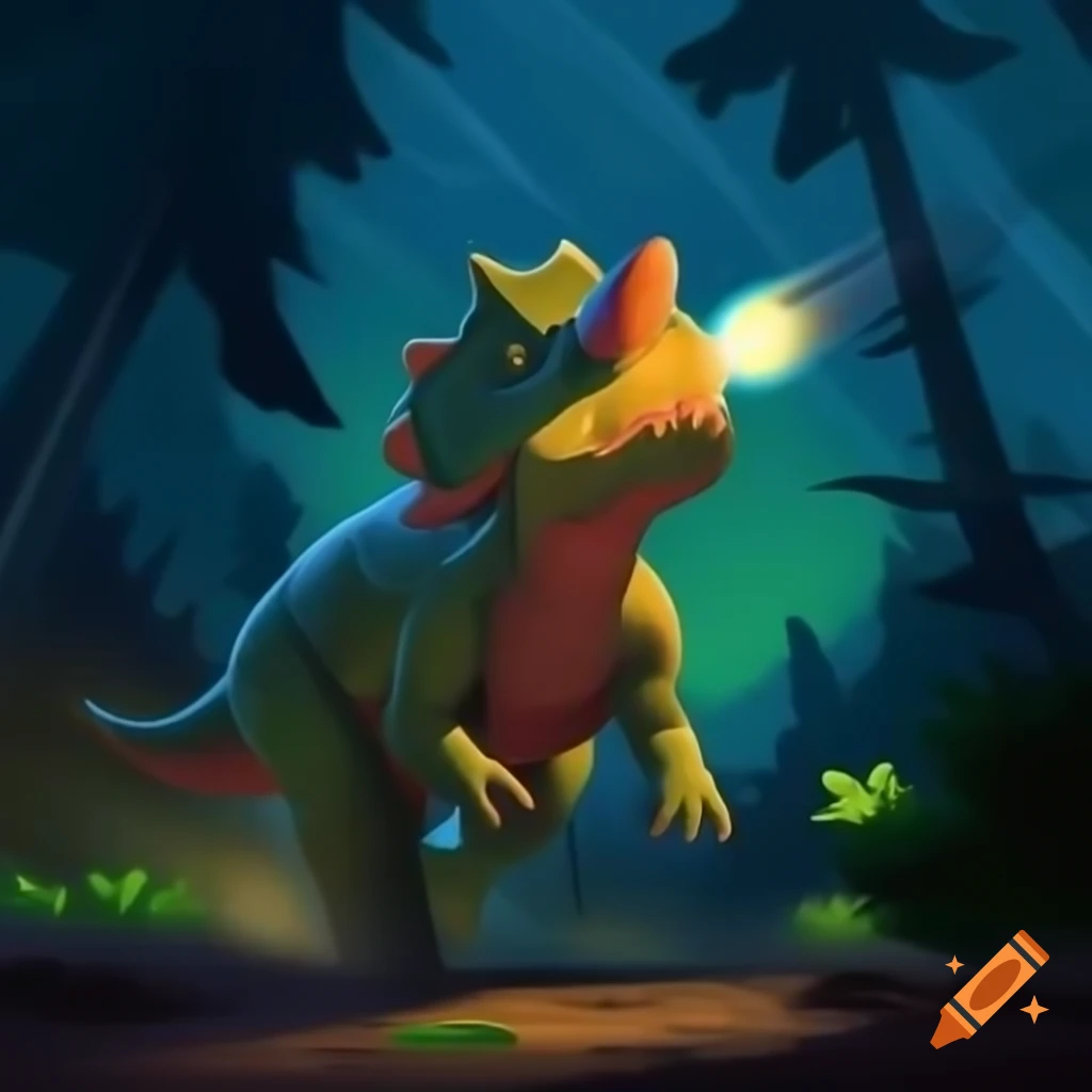 Cartoon triceratops fleeing from comet in forest
