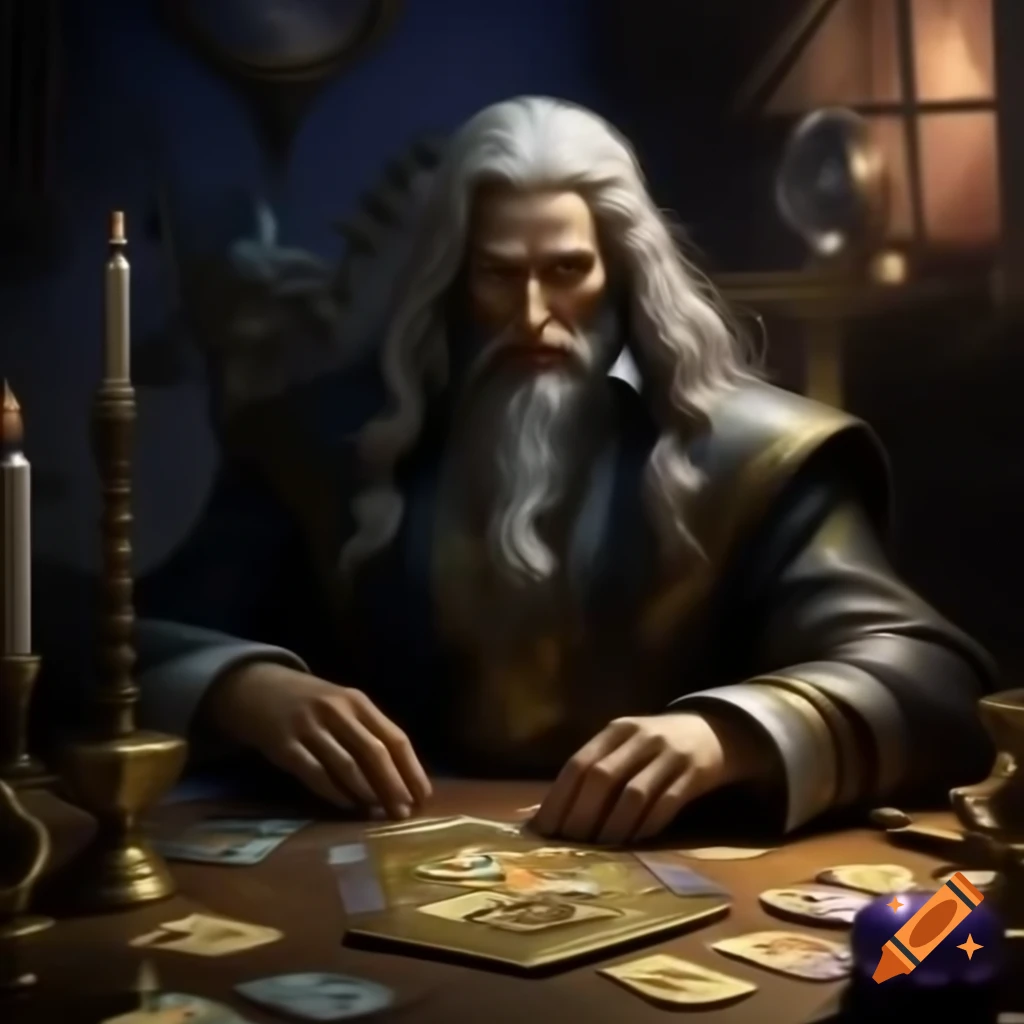 Mystical tarot card reader in dimly lit room with crystal ball and candles