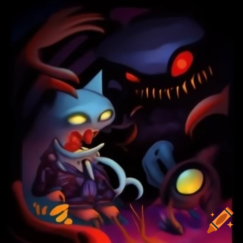 Cat-alien hybrid in a dark, colorful, distorted hellscape