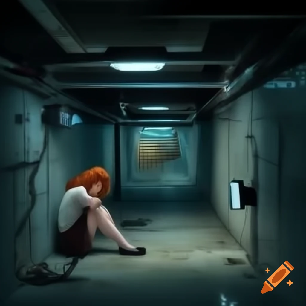 Girl with red hair exploring concrete basement labyrinth on security camera monitor
