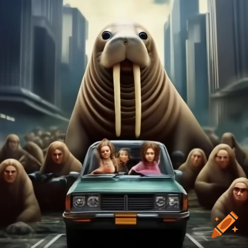 Walrus and girl on a car in city surrounded by zombies