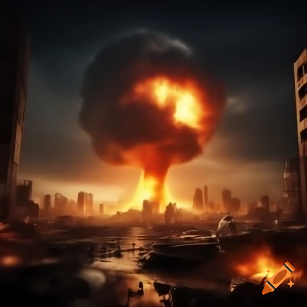 Cinematic view of a city destruction by nuclear explosion with lens flare