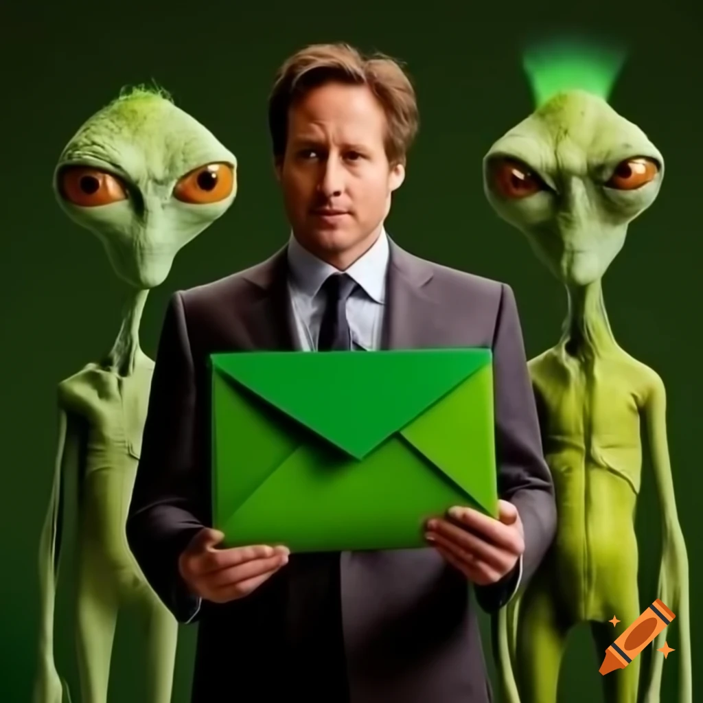 David Duchovny's head next to a green alien holding a large green envelope against a light background